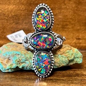 Southwestern Black Balloon Opal 3 Stone Ring Sterling Silver 925 Size 10.25